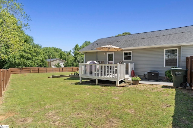 back of house featuring a fenced backyard, a wooden deck, a yard, and a shingled roof