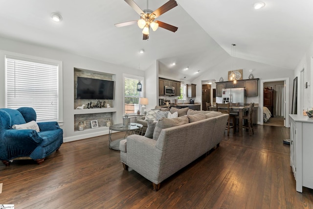 living area with recessed lighting, ceiling fan, vaulted ceiling, and dark wood finished floors