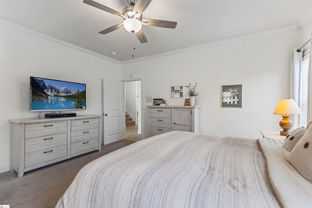 305 Fox Brook Ct, Taylors, SC 29687 - bedroom with crown molding, baseboards, a ceiling fan, and dark carpet