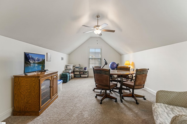 305 Fox Brook Ct, Taylors, SC 29687 - home office with baseboards, a ceiling fan, vaulted ceiling, and light colored carpet