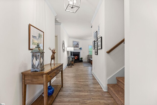 305 Fox Brook Ct, Taylors, SC 29687 - corridor featuring baseboards, ornamental molding, wood finished floors, and stairway