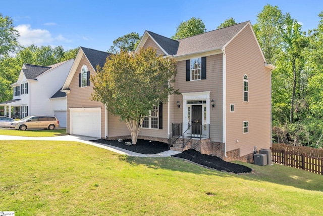 view of front of property with a garage, a front lawn, fence, and concrete driveway