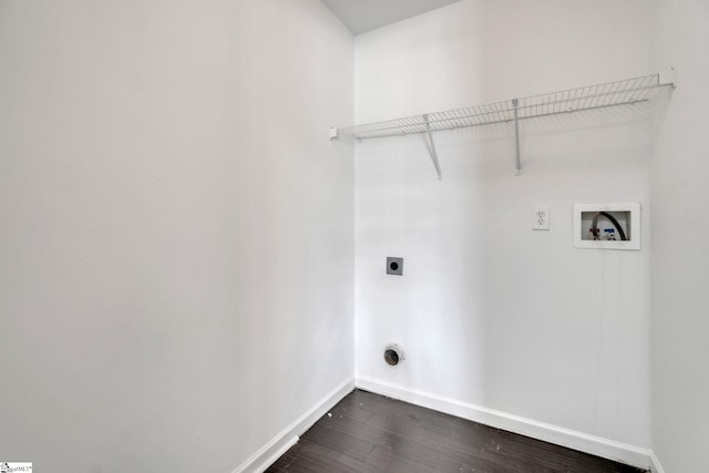 washroom with laundry area, electric dryer hookup, dark wood finished floors, baseboards, and hookup for a washing machine