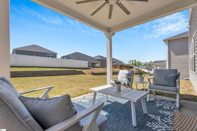 view of patio with a ceiling fan, a fenced backyard, and a residential view