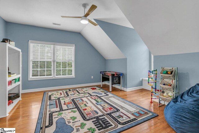 268 Antrim Ave, Moore, SC 29369 - game room featuring ceiling fan, visible vents, wood finished floors, baseboards, and lofted ceiling