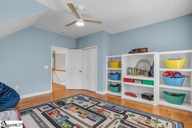 268 Antrim Ave, Moore, SC 29369 - rec room featuring baseboards, a ceiling fan, lofted ceiling, and wood finished floors