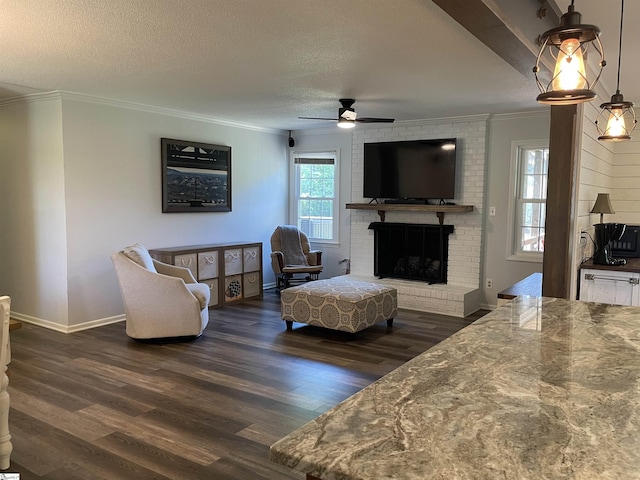 living room with ornamental molding, ceiling fan, dark wood-style floors, and a fireplace