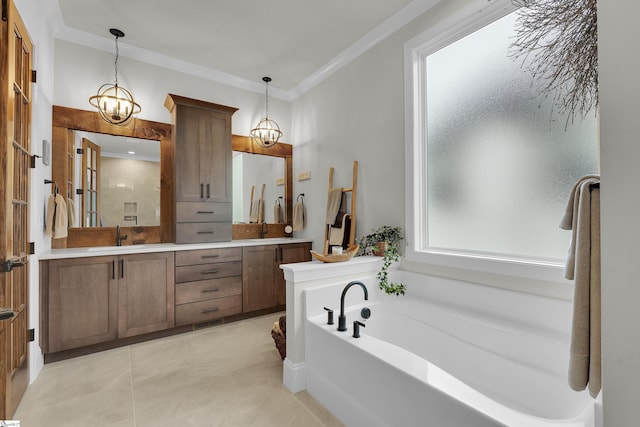 full bath with a garden tub, visible vents, vanity, a notable chandelier, and ornamental molding