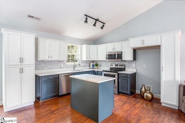 kitchen with track lighting, white cabinetry, tasteful backsplash, and stainless steel appliances