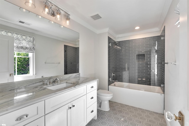 full bathroom with visible vents, combined bath / shower with glass door, toilet, and vanity