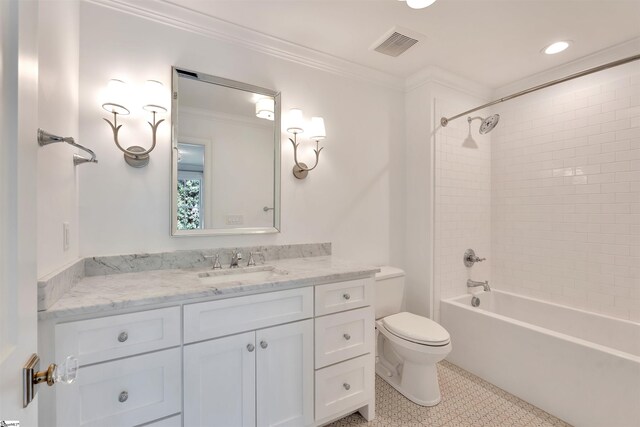 full bath featuring shower / bathing tub combination, visible vents, crown molding, vanity, and toilet