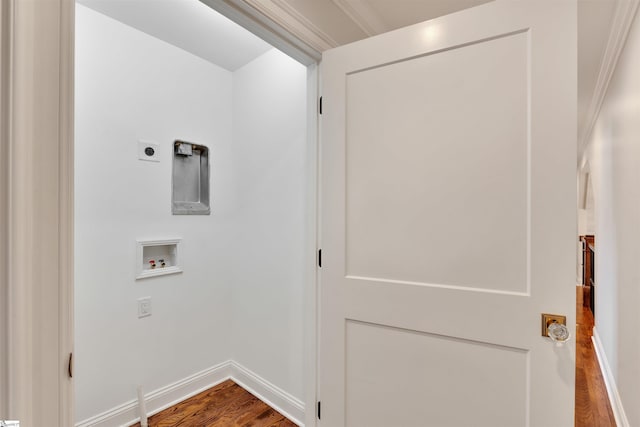 clothes washing area featuring washer hookup, laundry area, baseboards, electric dryer hookup, and dark wood-style floors