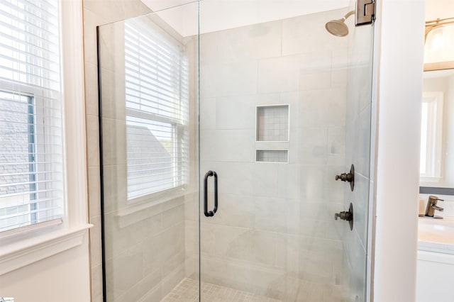 bathroom with a shower stall and a sink