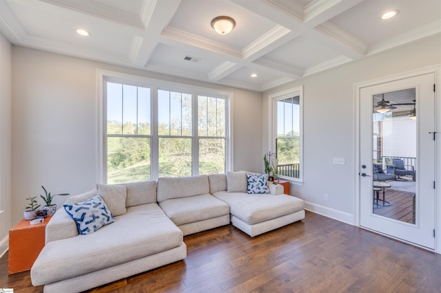 living area featuring dark wood-style flooring, baseboards, beamed ceiling, visible vents, and coffered ceiling