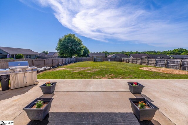 view of yard featuring a fenced backyard, a patio, an outbuilding, and a shed