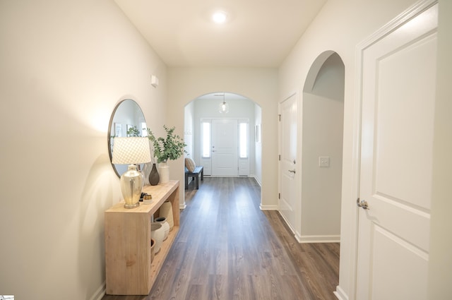 429 Rubia Dr, Greenville, SC 29607 - hallway featuring arched walkways, baseboards, and dark wood-style floors