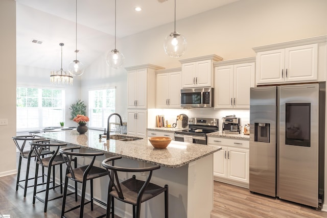 429 Rubia Dr, Greenville, SC 29607 - kitchen with visible vents, decorative backsplash, high vaulted ceiling, a sink, and stainless steel appliances
