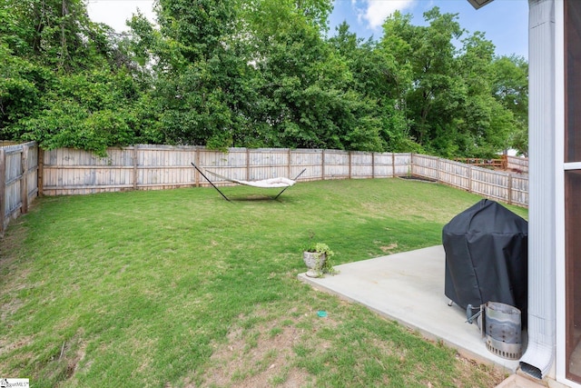 view of yard featuring a patio and a fenced backyard