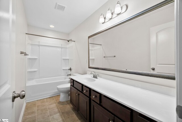 bathroom featuring visible vents, bathtub / shower combination, vanity, toilet, and recessed lighting