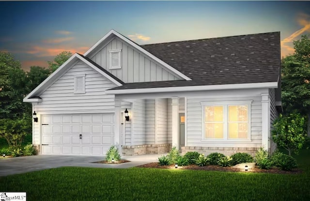 view of front of home with roof with shingles, board and batten siding, and concrete driveway