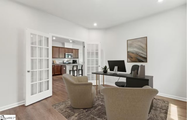 office area with recessed lighting, baseboards, french doors, and dark wood-style flooring