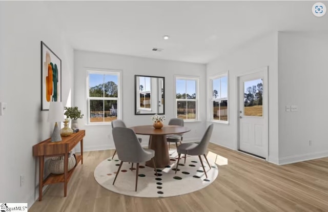 dining space featuring baseboards, a healthy amount of sunlight, and light wood finished floors