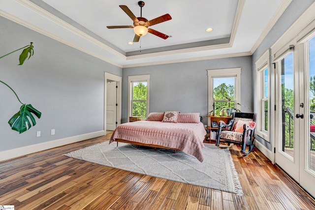 bedroom featuring multiple windows, a tray ceiling, access to outside, and wood finished floors
