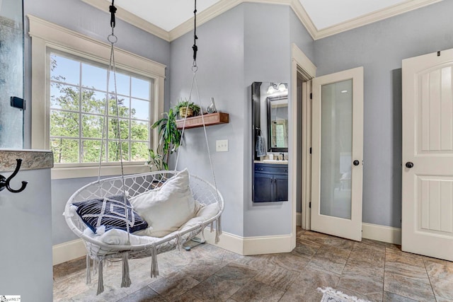 129 Eliza Ln, Marietta, SC 29661 - bathroom with baseboards, stone finish flooring, crown molding, and vanity