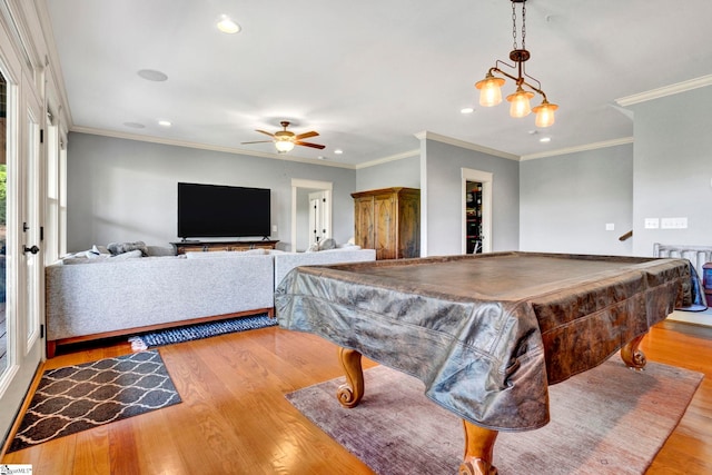 rec room with billiards, a ceiling fan, recessed lighting, and wood finished floors