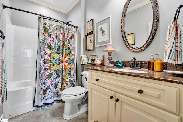 bathroom featuring tile patterned flooring, vanity, toilet, shower / tub combo, and ornamental molding