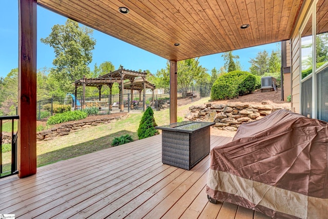 deck with a fenced backyard