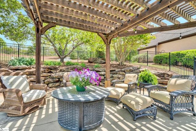 view of patio / terrace featuring a fenced backyard and a pergola