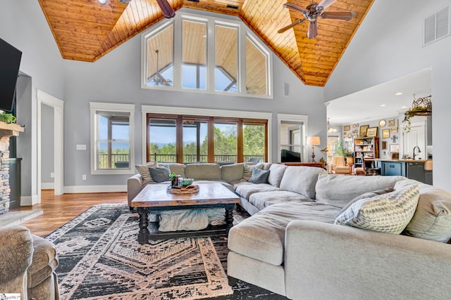 living area featuring high vaulted ceiling, visible vents, wood ceiling, and light wood-style flooring