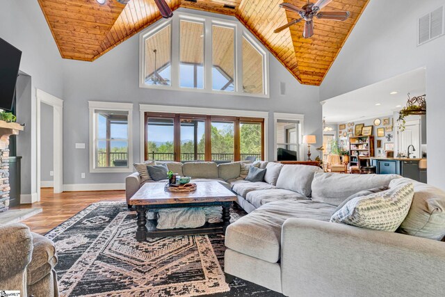 129 Eliza Ln, Marietta, SC 29661 - living area featuring high vaulted ceiling, visible vents, wood ceiling, and light wood-style flooring