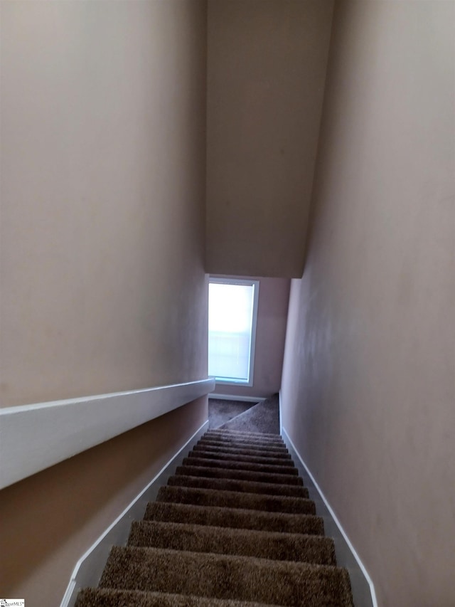 staircase with carpet floors and baseboards