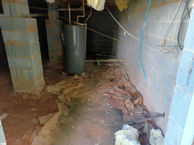 inside crawl space featuring gas water heater and concrete block wall