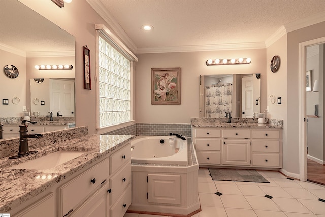 104 Bellewood Dr, Easley, SC 29640 - full bathroom with tile patterned flooring, a sink, a textured ceiling, and crown molding