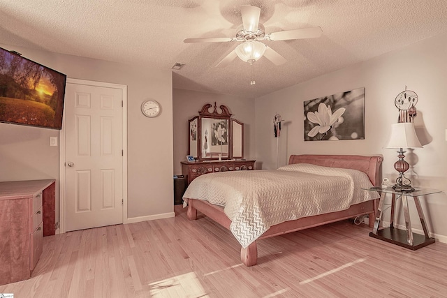 104 Bellewood Dr, Easley, SC 29640 - bedroom with ceiling fan, a textured ceiling, baseboards, light wood-type flooring, and visible vents