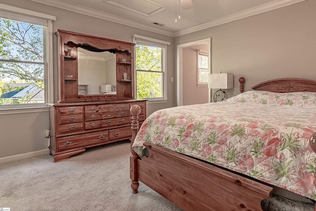 104 Bellewood Dr, Easley, SC 29640 - bedroom featuring crown molding, light carpet, a ceiling fan, baseboards, and visible vents