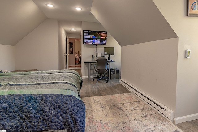 104 Bellewood Dr, Easley, SC 29640 - bedroom featuring vaulted ceiling, wood finished floors, baseboards, a baseboard radiator, and recessed lighting