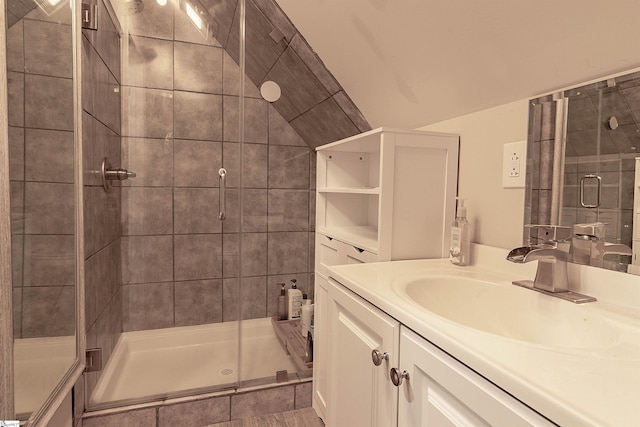 104 Bellewood Dr, Easley, SC 29640 - full bath featuring vanity, lofted ceiling, and a stall shower