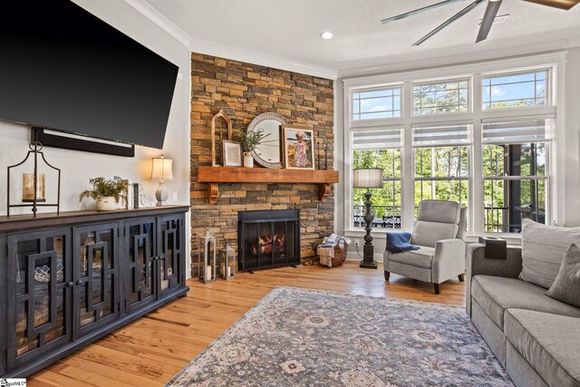 living area featuring crown molding, ceiling fan, a fireplace, and wood finished floors