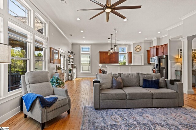 living area featuring ornamental molding, a ceiling fan, and light wood finished floors