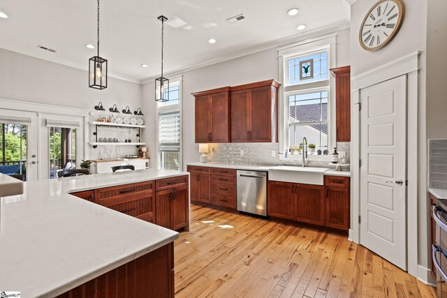 kitchen featuring a sink, light countertops, plenty of natural light, and stainless steel dishwasher