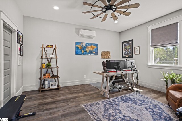 office featuring a ceiling fan, recessed lighting, a wall mounted air conditioner, and wood finished floors