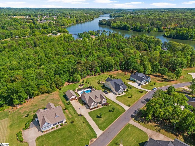 bird's eye view with a water view and a view of trees