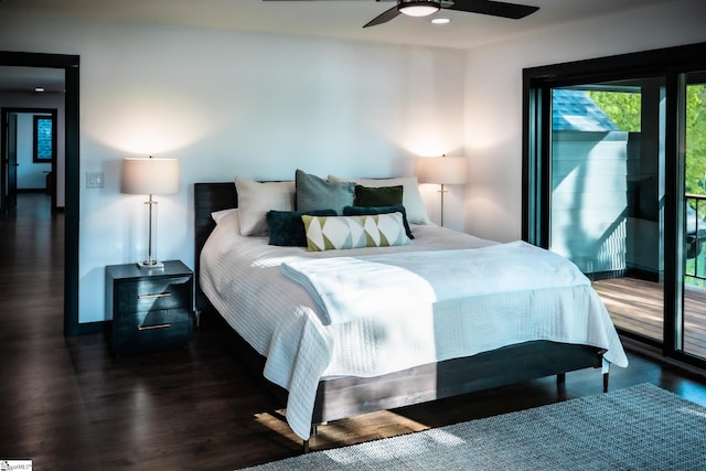 bedroom featuring a ceiling fan, access to exterior, and wood finished floors
