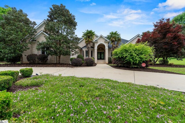 obstructed view of property with curved driveway, brick siding, and a front yard