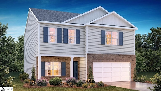 view of front of property with board and batten siding, brick siding, concrete driveway, and a garage