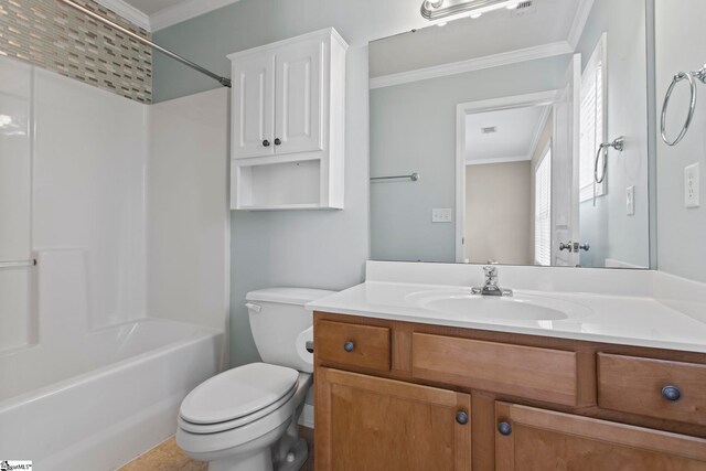 full bath featuring visible vents, vanity, toilet,  shower combination, and ornamental molding